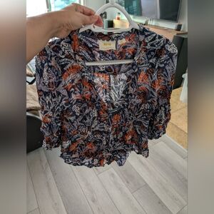 Maevw Women's Navy and Orange Floral Blouse From Anthropologie